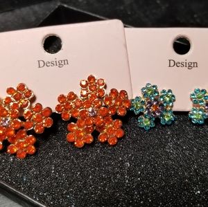 2 Pair CZ Flower Stud Earrings